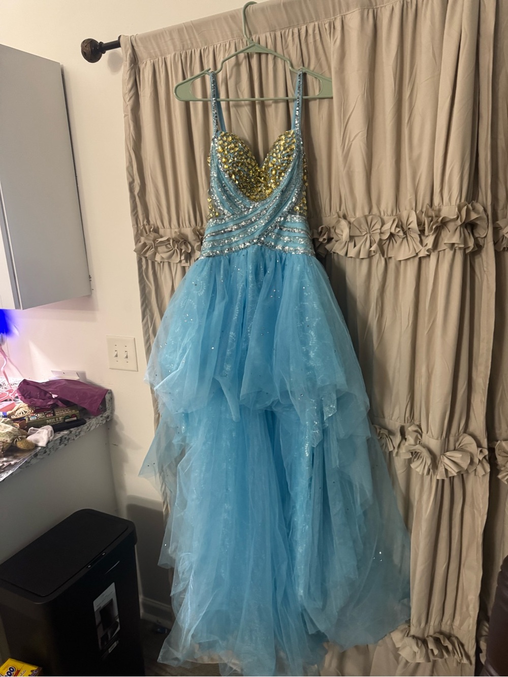 Sherri Hill Light Blue and Gold Beaded High-Low Prom Dress - Picture 11 of 12